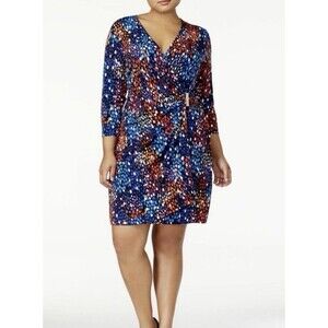Calvin Klein Women Dress Sz 12 Dot Print Ruched Faux Wrap Jersey V Neck